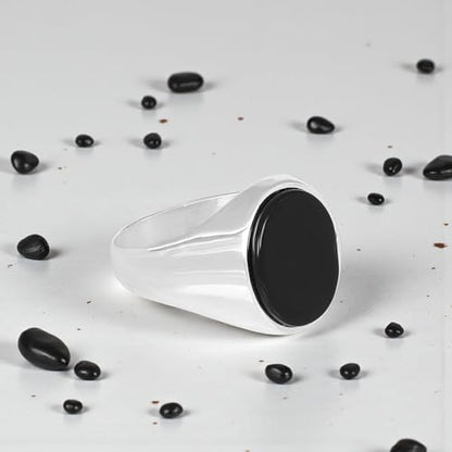 Men’s Silver Plated Steel Onyx Ring – Oval Black Stone Minimal Signet Ring | Polished Smooth Band | Modern Stainless Steel Men’s Fashion Ring