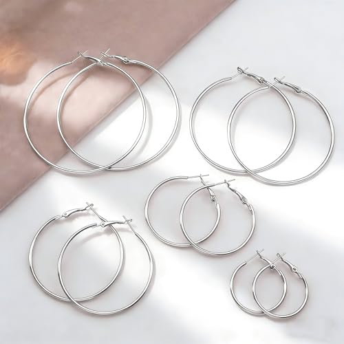6 Pairs Gold Silver Hoop Earrings for Women 14K Gold Plated 316 Hypoallergenic Stainless Steel Lightweight Large Small Hoops Women Earrings 30/40/50mm Set - color: 5 Pairs Silver-30/40/50/60/70mm