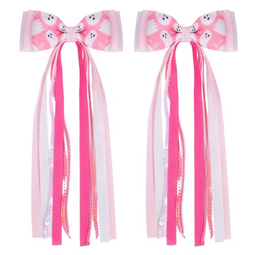 2PCS Pink Ghost Hair Bow Clips 7.1" Long Tail Ribbon Streamers | Grosgrain Ribbon, Sparkling Sequin Strands, Lined Alligator Clip, Holiday Ponytail Styling, Photography Accents - color: Pink Ghost