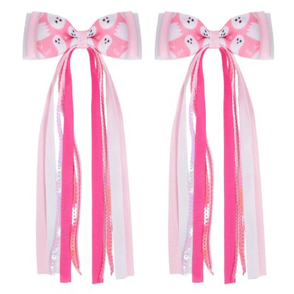 2PCS Pink Ghost Hair Bow Clips 7.1" Long Tail Ribbon Streamers | Grosgrain Ribbon, Sparkling Sequin Strands, Lined Alligator Clip, Holiday Ponytail Styling, Photography Accents - color: Pink Ghost