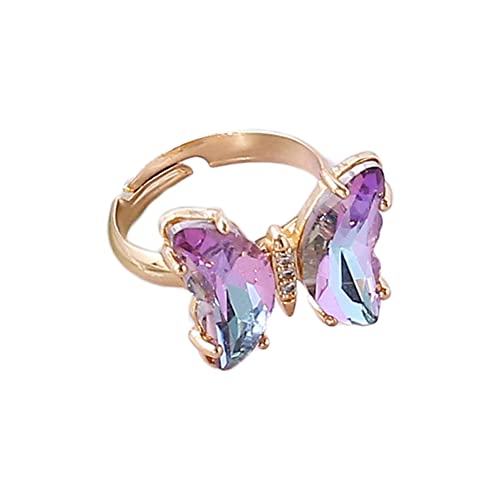 COLORFUL BLING Adjustable Elegant Transparent Crystal 3D Butterfly Rings for Women Aesthetic Gold Plated Cute Animal Insect Open Finger Cuff Ring Birthday Valentine Gifts - color: transparent light purple