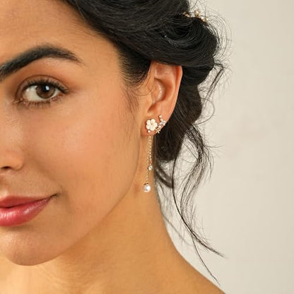 Pearl Earrings for Women, 14k Gold Plated Trendy Diamond Pearl Drop Earrings Hypoallergenic Dainty Bridal Gifts Wedding jewelry for Women - color: Gold-Pearl Style F