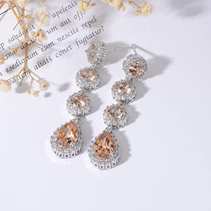 Women's Cubic Zirconia Bridal Earrings - Elegant Long Wedding Party Prom Earring for Bride Bridesmaids Crystal CZ Rhinestone Chandelier Statement Dangle Drop Earrings for girls - color: Champagne-silver