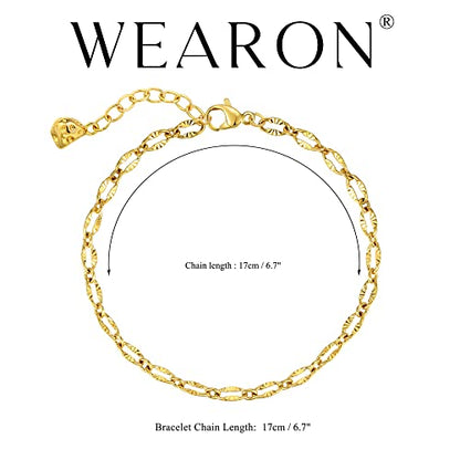 WEARON Gold Bracelet for Women 14K Gold Plated Snake Herringbone Figaro Cuban Bead Paperclip Cable Box Chain Simple Jewelry - style: Cable Chain