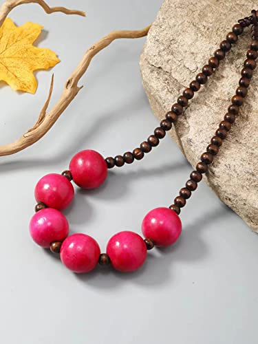 COLORFUL BLING Ethnic Large Chunky Wooden Beaded Necklaces Boho African Statement Necklace Handmade Tribal Collar Choker Bib Jewelry - color: six beads rose
