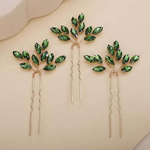 Teyglen 3pcs Bridal Crystal Hair Pins Rhinestones Hair Pieces Simple Crystal Wedding Hair Accessories Handmade Hair Pins for Women Bride Girls (Green-gold) - color: Green-gold
