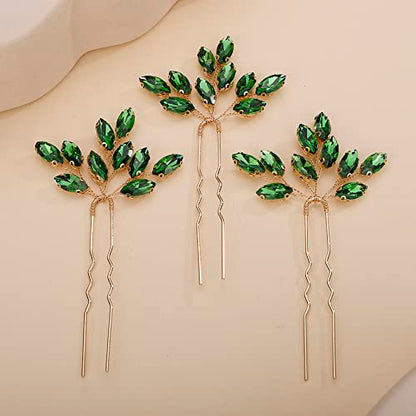 Teyglen 3pcs Bridal Crystal Hair Pins Rhinestones Hair Pieces Simple Crystal Wedding Hair Accessories Handmade Hair Pins for Women Bride Girls (Green-gold) - color: Green-gold