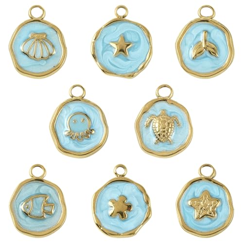 8-64Pcs Silver Goldern Color Heart Pendants Charms 10 Styles Heart Stainless Steel Metal Charms for Jewelry Making Crafting Necklaces Bracelets Earrings Keychains Birthday Gift - color: Flat ROund Sea Animal-8 pcs