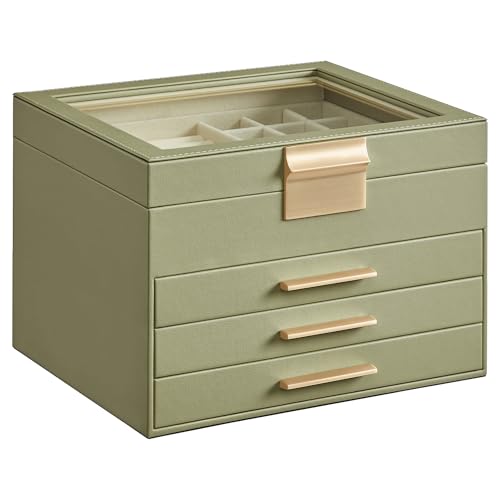 SONGMICS GISELLA Collection - Jewelry Box Organizer with Glass Lid, 4-Layer Jewelry Storage, with 3 Drawers, Modern Style, 8 x 9.1 x 6.5 Inches, Avocado Green and Gold Color UJBC173C02 - color: Avocado Green + Gold, size: 4 Layer (8"d X 9.1"w)
