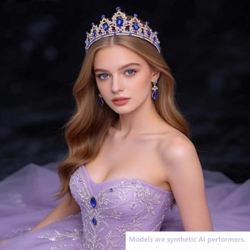 Kamirola - Queen Crown and Tiaras Princess Crown for Women Crystal Headbands for Bridal, Princess for Wedding and Party - color: Gold Blue