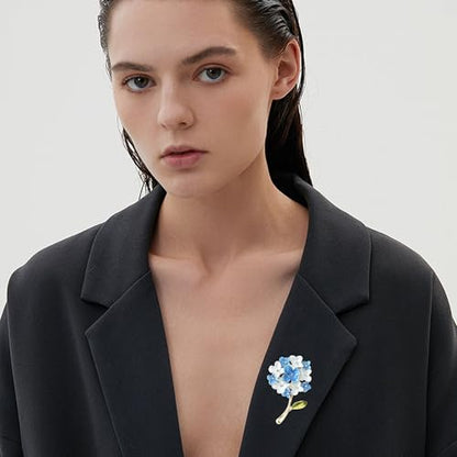Blue White Hydrangea Flower Brooch Enamel Crystal Floral Lapel Pin Gold Plated Elegant Brooch for Women Suit Scarf Accessory - color: Blue