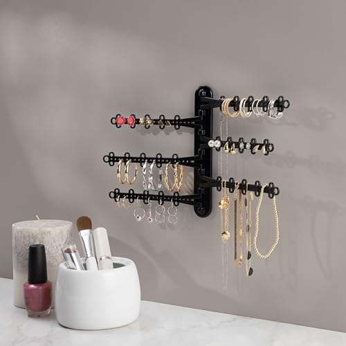 6-Tier Hanging Wall Jewelry Organizer, Earring, Necklace, Ring Holder-Black | Large Capacity with 120 Earring Holes, Rotating Branches, Includes 3M Command Strips, Bracelet, Ring & Necklace Storage - color: 6-Tier Midnight Black
