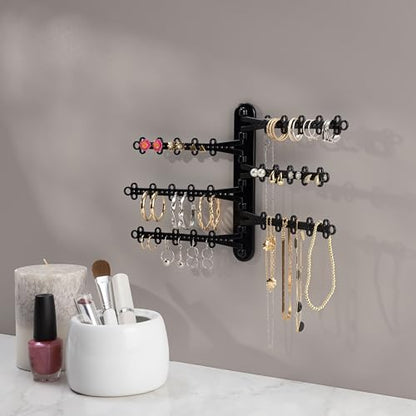 6-Tier Hanging Wall Jewelry Organizer, Earring, Necklace, Ring Holder-Black | Large Capacity with 120 Earring Holes, Rotating Branches, Includes 3M Command Strips, Bracelet, Ring & Necklace Storage - color: 6-Tier Midnight Black
