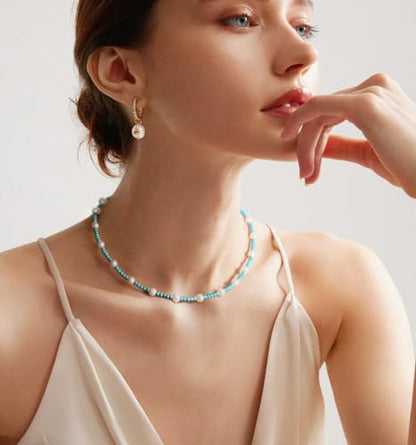 Aobei Pearl 18K Gold Plated Paperclip Chain Choker Satellite Chain Freshwater Cultured Biwa Pearl Pendant Necklace Dainty Turquoise Jewelry for Women - color: Green-blue Turquoise White Pearl