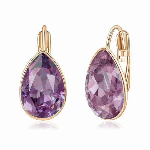 Austrian Crystal Teardrop Leverback Drop Earrings for Women | 14K Gold-Plated Finish, Sparkling Pear Stone, Smooth Bezel Frame, Secure Leverback Closure, Dainty Day-To-Evening Style - color: Amethyst