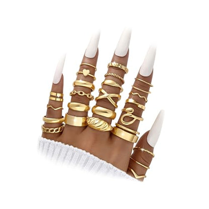 YEEZII 25 Pcs Gold Knuckle Rings Set for Women, Cute Stackable Finger Midi Rings, Dainty Gold Chunky Stacking Statement Womens ring pack - color: Gold-A-25 Pcs