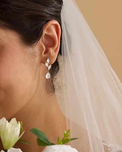 14K Gold Plated/Sterling Silver CZ Pearl Drop Dangle Earrings for Women - color: Gold-Flower Drop CZ