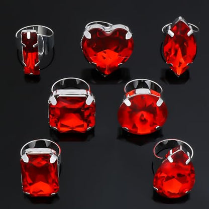 FUTIMELY 7Pcs Exaggerated Chunky Large Rhinestone Ring Set,Glitter Heart Square Oval Teardrop Knuckle Rings,Unique Red Crystal Open Rings Pack Cocktail Jewelry - color: Red