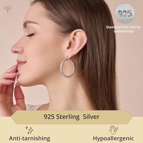 925 Sterling Silver Hypoallergenic Chunky Hoop Earrings for Women | Anti Tarnish Hoops in Various Styles by MAX + STONE - style: Crosshatched Hoops