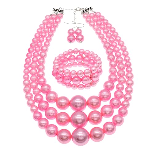 We We Imitation Pearl Necklace for Women Large Chunky Pearl Necklaces Multilayer Pearl Necklace and Earring 1920s Costume Jewelry set - color: pink pearl necklace set