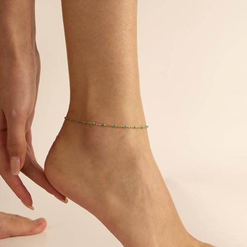 18K Gold Plated Boho Beaded Anklets for Women Dainty Gold Layered Round Ball Ankle Bracelet Pearl Cross Anklet Bracelet Waterproof Gold Jewelry - color: Green Beads-Gold
