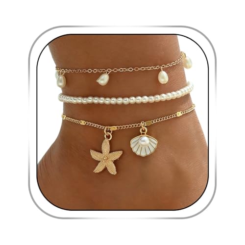 Beach Anklets for Women Pearl Anklet Set Shell Starfish Pendant Anklets Layered Foot Chain Jewelry