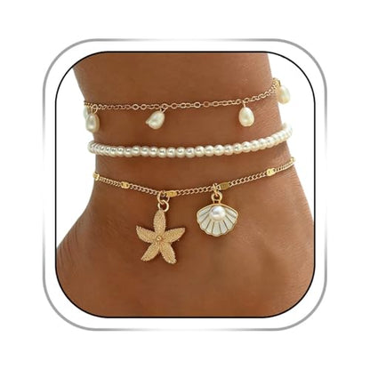 Beach Anklets for Women Pearl Anklet Set Shell Starfish Pendant Anklets Layered Foot Chain Jewelry