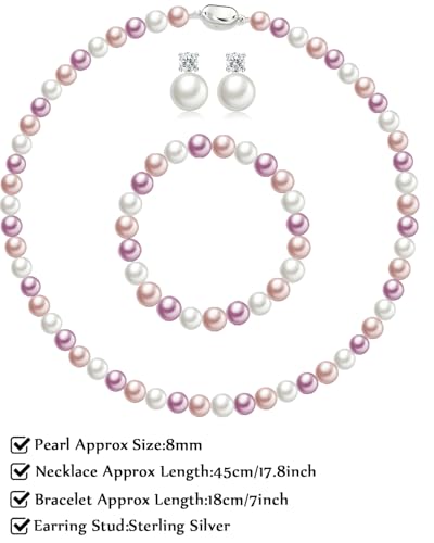 Pearl Necklaces for Women,8mm Pearl Necklace and Earring Bracelet Jewelry Set for Women Men Wedding Birthday Valentine Christmas Day Gifts - color: White Pink Purple