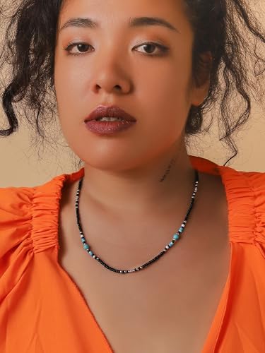 MINACHI Boho Black Turquoise-Tone Seed Bead Southwest Style Necklace | Black seed bead necklace with turquoise-tone resin accents, heishi disk pattern, silver-tone bead details, boho style