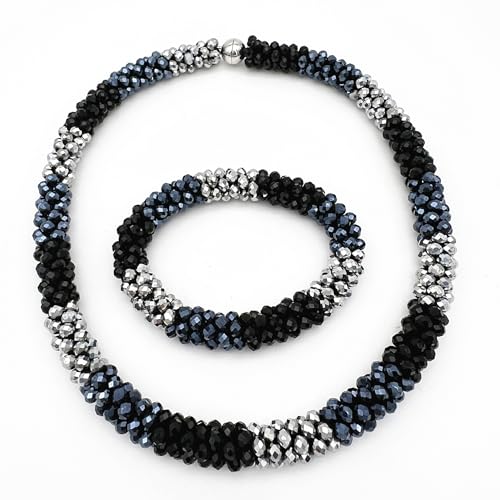 Hand Knotted Beads Statement Necklace Bracelet Jewelry Set Artificial Crystal Choker for Women- Handmade Beaded Strand Sparkly Faceted Crystal Rondelle-17inches, 30 Colors - color: Black-Silvery-Gunmetal Set