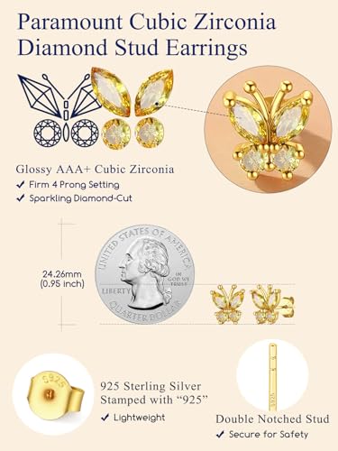 Suplight Butterfly Stud Earrings 925 Sterling Silver 14K Gold Brithstone Earrings for Women Brithstone Jewelry Gifts - color: 11.November ( Citrine), size: Gold