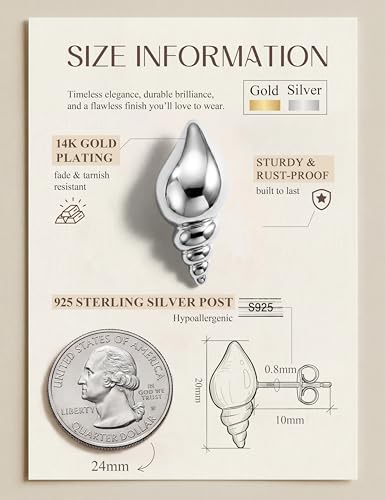Chunky Gold Stud Earrings for Women Sterling Silver Earring Hypoallergenic | Non Tarnish 14K Gold Plated 925 Silver Posts for Sensitive Ears,Knot Statement Dangle Earrings Gold Jewelry Gifts Lightweight - color: silver plated-little conch