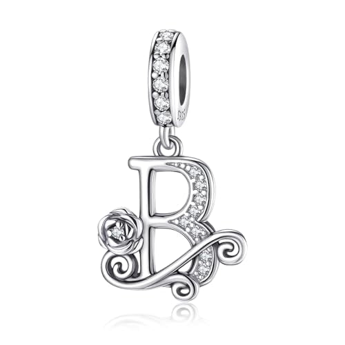 LNQOBU Complete A~Z Alphabet Charm Letter Beads, Solid 925 Sterling Silver with Cubic Stones Rose Alphabet Charm fits Pandora Bracelets Necklace Women Jewelry - color: CYT-B