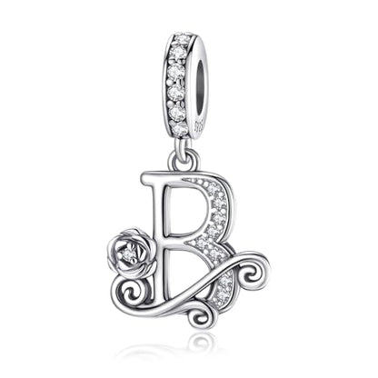 LNQOBU Complete A~Z Alphabet Charm Letter Beads, Solid 925 Sterling Silver with Cubic Stones Rose Alphabet Charm fits Pandora Bracelets Necklace Women Jewelry - color: CYT-B
