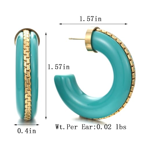 Gold Plated Resin Chunky Hoop Earrings Hypoallergenic Push Back Hoops for Sensitive Ears - color: Turquoise