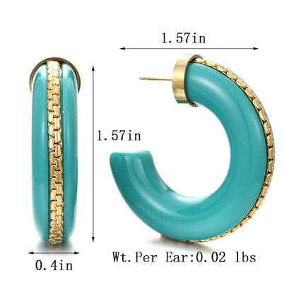 Gold Plated Resin Chunky Hoop Earrings Hypoallergenic Push Back Hoops for Sensitive Ears - color: Turquoise