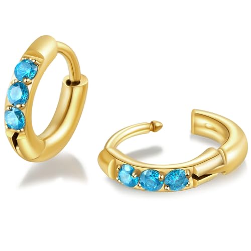 Hypoallergenic Unisex Surgical Steel Small Cubic Zirconia Huggie Hoop Earring, Color Gold - Silver - Rose Gold - Black - Rainbow, Size 6mm- 12mm Safe for Sensitive Ear - style: N07: 6MM - Gold - Blue Cubic Zirconia
