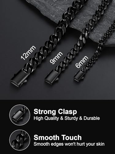 U7 Cuban Link Chain for Men, Stainless Steel Chain Necklace with Gift Box - color: b. 12mm Black, size: 20 Inch