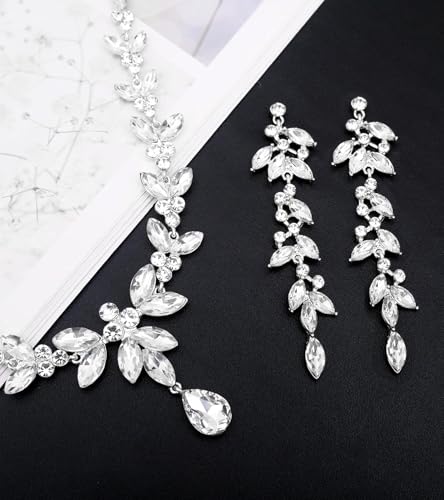 CSY Elegant Bridal Jewelry Sets Wedding Prom Homecoming Gown Accessories | Austrian Marquise Crystal Wedding Necklace Dangle Earrings Tennis Bracelet Ring Set for Bride Women Costume Accessories - color: white crystal-silver tone