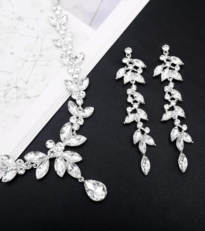 CSY Elegant Bridal Jewelry Sets Wedding Prom Homecoming Gown Accessories | Austrian Marquise Crystal Wedding Necklace Dangle Earrings Tennis Bracelet Ring Set for Bride Women Costume Accessories - color: white crystal-silver tone