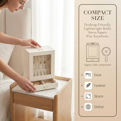 3-Tier Jewelry Organizer Box, Velvet Lining Jewelry Storage with Transparent Window, Multi-Compartment for Necklaces Earrings Rings, Gift for Women Girls, Vanity/Dresser Decor (White)