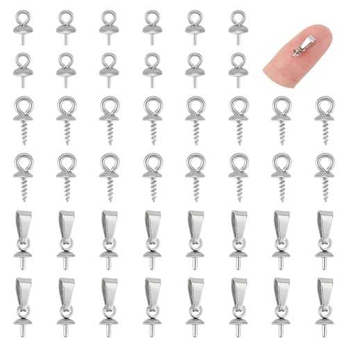 UNICRAFTALE 90Pcs 3 Style Stainless Steel Peg Bails Pendants Cup Peg Bails Pin Pendants Metal Pearl Screw Eye Pin Bail Nails Pendant Bails Clasps for Half Drilled Beads Jewellery Making - color: Metal Color