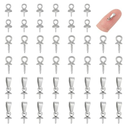 UNICRAFTALE 90Pcs 3 Style Stainless Steel Peg Bails Pendants Cup Peg Bails Pin Pendants Metal Pearl Screw Eye Pin Bail Nails Pendant Bails Clasps for Half Drilled Beads Jewellery Making - color: Metal Color