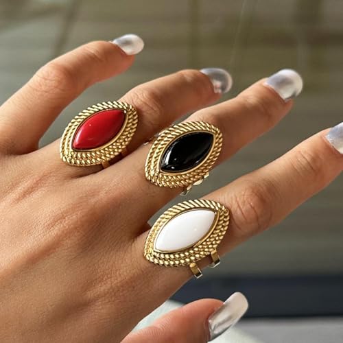 Natural Stone Chunky Rings,Black Obsidian,Red Agate, Carnelian 18k Gold Plated Stainless Steel Stackable Party Rings for Women - style: Red Agate