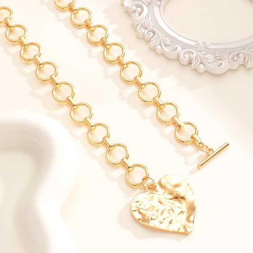 Sora Tuki Gold Chunky Necklace for Women Trendy Big Silver Statement Necklace Large Heart Hollow Square Necklaces Bold Thick Chain OT Toggle Necklaces Boho Chunky Jewelry - color: Style 1 - Gold-Heart