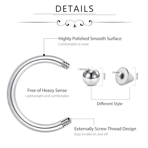 D.Bella 16G 14G Horseshoe Rings Surgical Steel Nose Septum Horseshoe Hoop Earring Eyebrow Tragus Lip Rings Daith Helix Piercing Jewelry for Women Men 6-12mm Smily Piercing Jewelry - color: 14g-silver-black