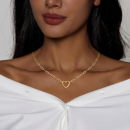 HERIER Cute Heart Necklace Dainty 18k Gold Plated Tiny Heart Pendant Choker Necklaces Small Gold Love Open Heart Chain Necklace for Women Simple Gold Necklace for Women Trendy Jewelry - color: Paperclip Heart-Gold