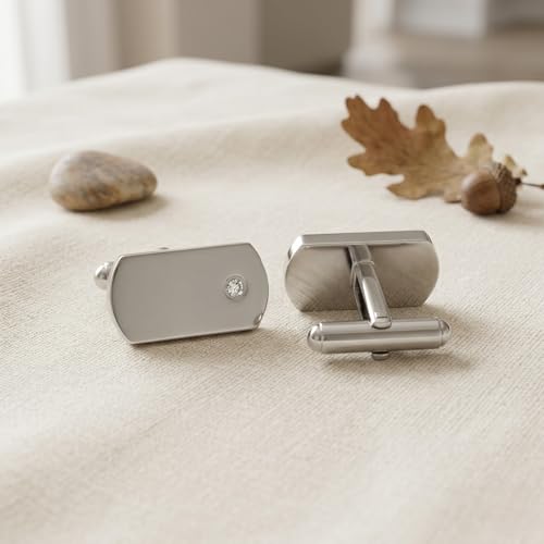 Men’s Stainless Steel Satin Diamond Rectangle Cuff Links with Bullet Back Closure, Hand-Set Conflict Free Diamond Rounded Cufflinks, Hypoallergenic 316L Polished Formal Jewelry Gift for Men