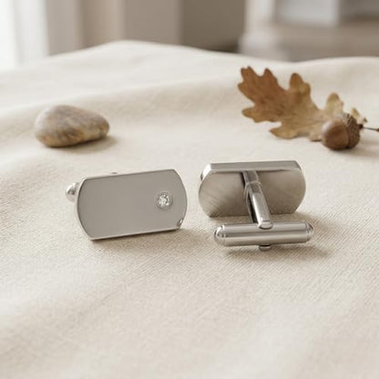 Men’s Stainless Steel Satin Diamond Rectangle Cuff Links with Bullet Back Closure, Hand-Set Conflict Free Diamond Rounded Cufflinks, Hypoallergenic 316L Polished Formal Jewelry Gift for Men