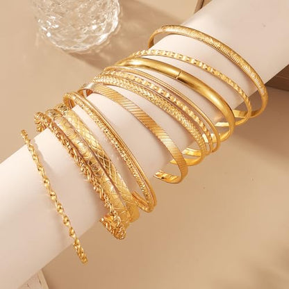 17IF Gold Bangle Bracelet For Women, 14k Multilayer Charm Textured Stackable Bracelets Boho Indian Chunky Cuff Fashion Jewelry Gift - style: 13 Pcs